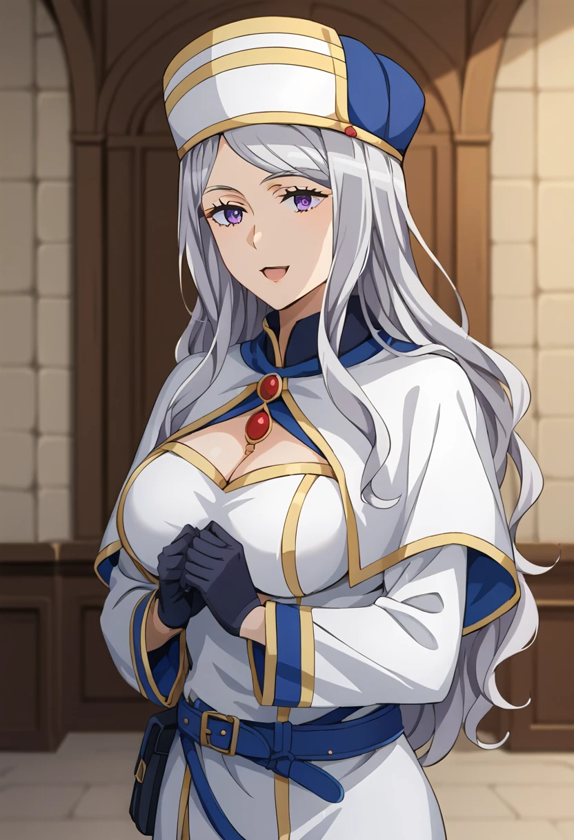 (POV Breast Grab : 1.3), (viewer arms on chest), earrings, braided ponytail, puffy sleeves, gold trim, gloves, bodysuit, breast curtain, shoulder cutout, (covered navel), hip vent, clothing cutout, tassel, (luxury bedroom background), ShenheV4, anime cels style, best quality, high resolution, 1girl, (huge breasts:1.2), beautiful face, grey hair, long hair, hair ornament, hair over one eye, blue eyes, cowboy shot, smiling, blushing
