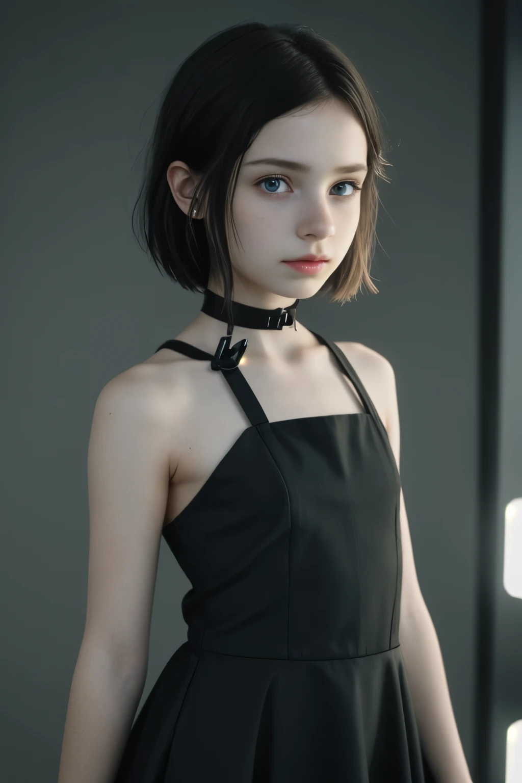  score_9,  score_8_ up,  score_7_ up,  score_6_ up, cinematic picture of 1 girl ,  girl , likeい,  adorable,  is cute ,    short,  small , Age 14, ( is cute  face),  very short straight hair,  body ,  dark hair, Freckles on face,  blanking, small breasts, fit, Bright green Eyes, (( constricted)),  is cute ,  feminine, ( black choker), futuristic dress, (( standing,  hands behind back )),  (( she's looking slightly to the side ), Natural skin, British:1, coy, seductive, In a dark bedroom, long intricate  dark hair,  focus on face ,  low light,  midnight,  Shadow,  short stature,  looking towards 、 Round face,  artistic side lighting, Frank, perfect eyes,  Reddit ,  amateur ,  realistic pictures,  full length,

