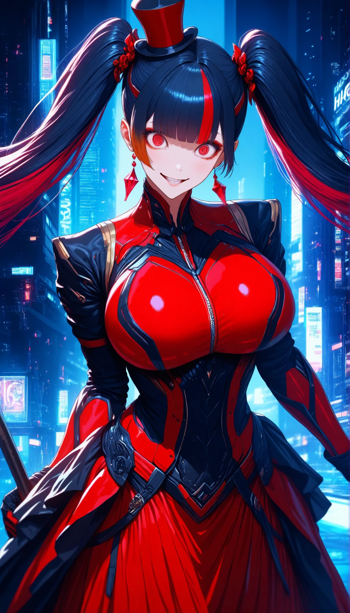 SOLO,Cyberpunk city background, A female robot with perfect body,oppai,Wearing Red biological armor,(Red Princess dress long hem),((Wearing Black short jacket vest))(Sleeveless), multicolored hair, twintails, blunt bangs,Red Mini top hat, Crazy eyes, crystal earrings, crazy smile, social media composition,(Holding A Black Short Cane with Rudy),UHD, anatomically correct, masterpiece, textured skin, high details, highres, 1080P, 16k, accurate, Beautiful face, Perfect face, Highly detailed beautiful face and eyes, Attractive face, Detailed face, Delicate facial features, Detailed skin,Cowboy shot,Look at the viewer,(((hbig bosom)))