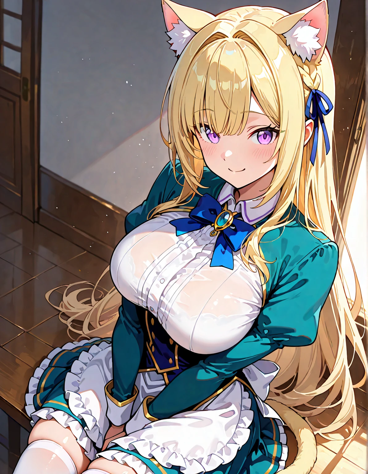 FaunaBase, mole under eye, antlers, long hair, braided bangs, hair flowers, blue ribbon, two-tone dress, blue dress, white dress, high-low skirt, single thighhigh, white thighhighss,,,aged up,,,,(masterpiece),(best quality),(ultra-detailed),(best illustration),(best shadow),(absurdres),(detailed eyes),(very aesthetic),1girl,dim lighting,in bedroom,horny,in heat,,heavy breath,shiny skin,sweat,,,,torn thighhighs,Sitting on lap, penetration,1boy,back shot,looking back,vagina on show,looking at viewer,,happy,from below,fog,steam,pov,ohogao, teary-eyed, drool, half-closed eyes,(bouncing breasts:1.1),