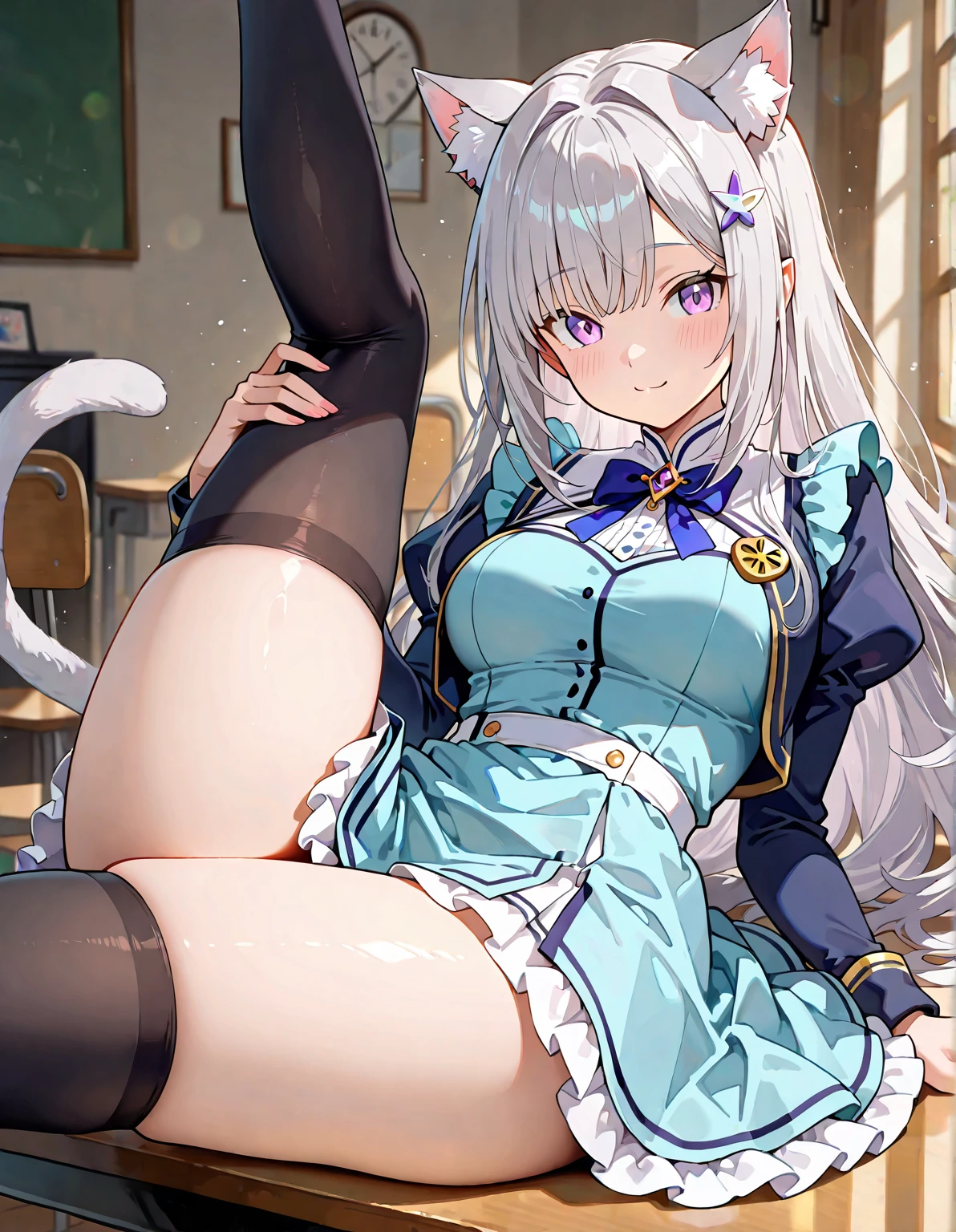 professional women, 1 girl, make out, (shiny big), (bangs), (sweaty: 1.3), background blur, tie(blue zebra print panties)、20 year old gal woman photo, ties, (large floral lace pan、sitting, panty shot, Spread your legs in shiny blue zebra print pan、long sleeve knit dress mini、socks, silver hair,(highlight pink) curly hair、high heels、black fishnet tights、blue zebra print panties、ties、off shoulder、,(I can see the bra) loafers, realistic, lips, brown eyes, Black socks, tie,Dark blue pleated masterpiece, highest quality, Super detailed, after school school, sitting on classroom chair and spreading your legs, angle from below, Glossy skin, shiny skin, shiny skin, layer cut,big breasts、Very large 、Lots of sweat dripping down my thighs、Beautiful eyes like a doll、sweaty ??????、A large amount of drops drip from the crotch(1.8)股に食い込むパンティ、濡れて糸引いてるパンティ、濡れてるパンティ(1.8)