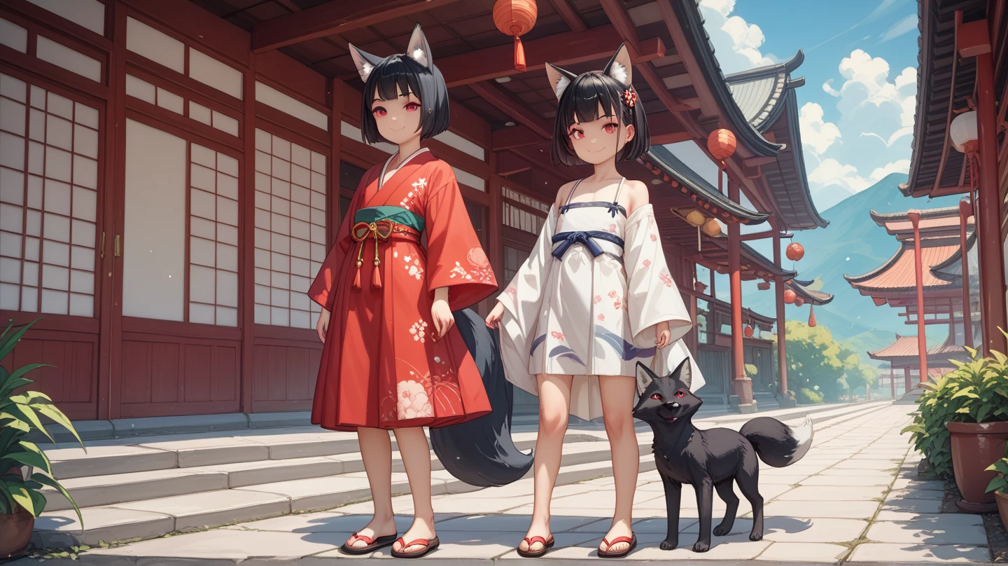 (Fox Girl, Fox Ears, Black colored hair, Fox Makeup, One Girl, Long Hair:1.6), (kimono, Kimono with open chest, A beautiful kimono with red and black patterns, I can see her cleavage, Open chest, Exposed skin:1.8), (Body measurements are 75-60-75!, Young girl body, Small breasts, Small breasts, Emphasize the chest, Knees are slightly visible, Muscular, Abdominal muscles, Hide your own chest with your hands:1.9), Avatar, face, lewd face, Dominant representation, naughty face, Uplifting, Skin Texture, outside, Grassy field