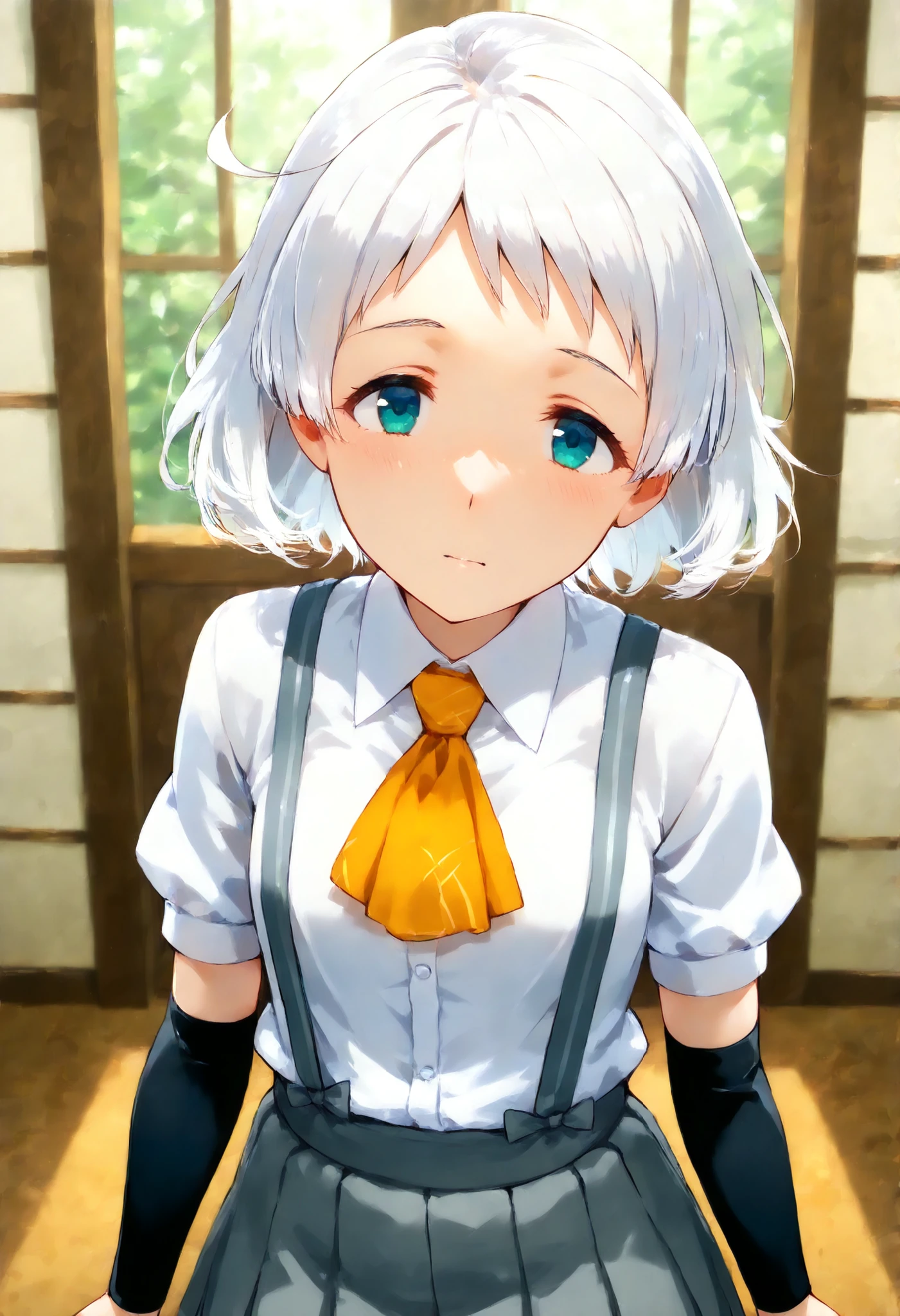 Natsugumo KC, white hair,short hair, white shirt, Short sleeve, pleated skirt,collared shirt, dress shirt, suspenders, Grey Skirt,Arm Warmers, suspendersスカート, Orange Ascot ,