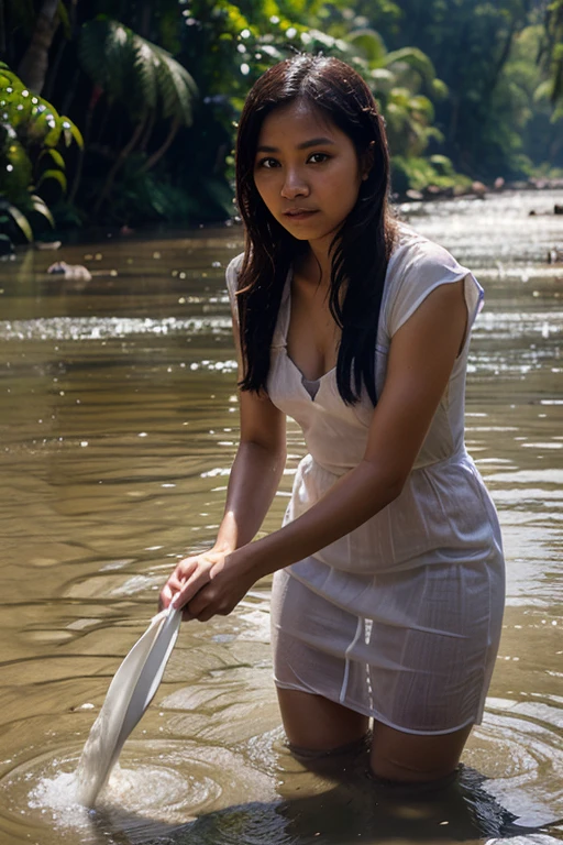 Beautiful javanese girl, traditional dress, in the river , wet