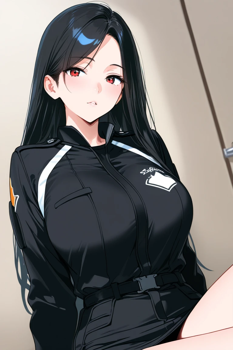 professional artwork, Intricate Details, field of view, sharp focus, detailed painting, photorealistic lighting, trending on pixiv,(masterpiece:1.0),(best_quality:1.0), ultra high res, ultra-detailed, photography, 8K, HDR, highres, absurdres:1.2, Kodak portra 400, film grain, sharp focus, bokeh:1.2, lens flare, (vibrant_color:1.2), (((indoors, office details))), Annerose, 1girl, female mature, black hair, long hair, (yellow eyes), large breasts, office suit, higheels, soft skin, hair intakes, (solo:1.4), (upper body, half body shot, covered breasts), sad, cute sad face