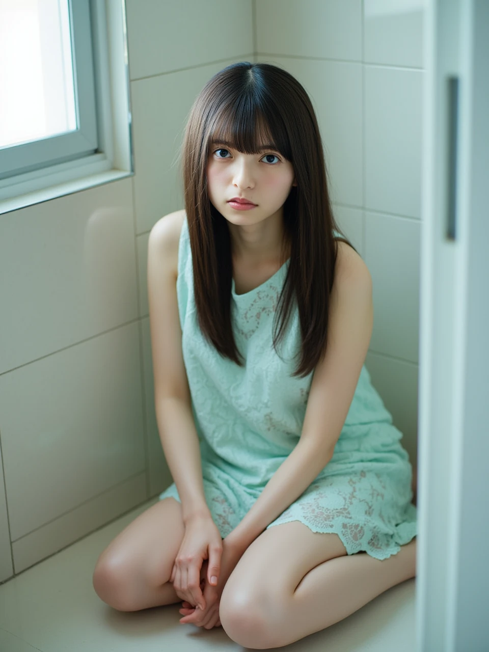 An ultra-high picture quality、Perfect Photo、14 year old beautiful girl、Japan beautiful girl、middle school girl、light skinned、slender、tiny chest、Sit on the bed、a miniskirt、With bangs、ankle、kne、angry looking face、Kamimei、a short bob、girl's own room、toe、sole of feet、glute、
