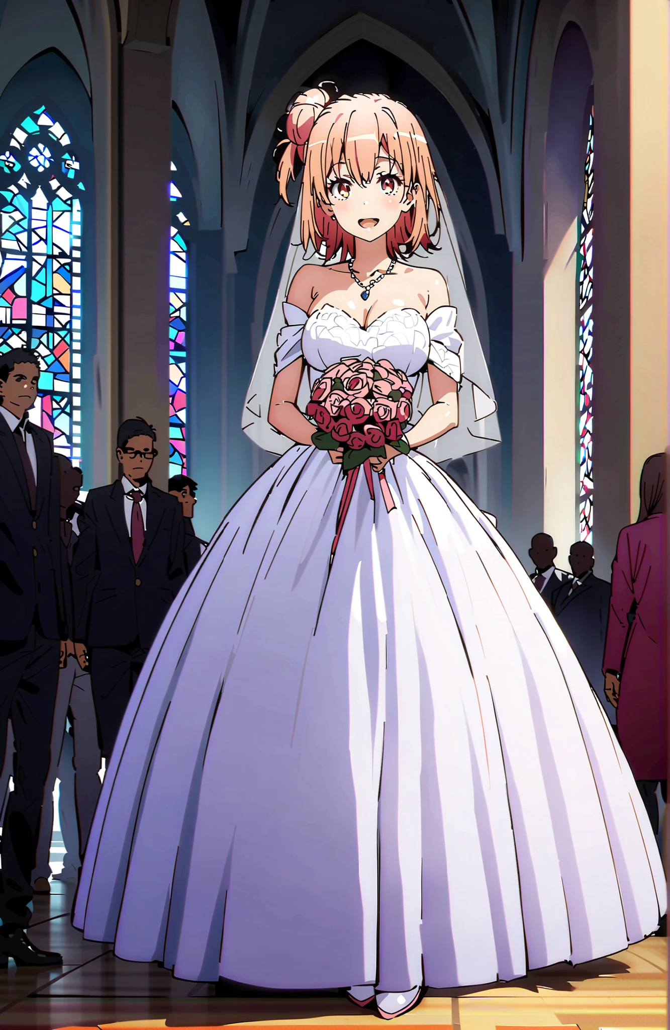 yuiyuigahama, Yuigahama Yui , solo,short hair, brown eyes in the oral vagina, pink hair, single hair bun,Big Breasts,smile,blush,open mouth off shoulder wedding dress, wedding long skirt ,bouquet,Veil,necklace for 1 person,STANDING,stained glass,crowd,full bodyがbreak looking at viewer,full body,
break indoors, Chapel,church,
break (masterpiece:1.2),Best Quality ,Kampala,unity 8k 壁紙,(shape:0.8),( fine and beautiful eyes :1.6),It's a person ,full body写真,CG Details , (perfect hand,Complete Anatomy),