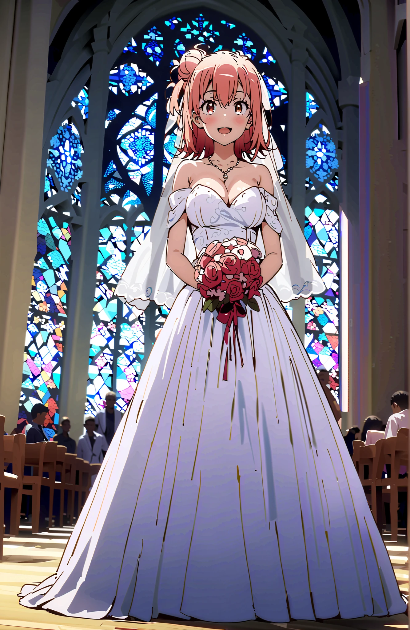 yuiyuigahama, Yuigahama Yui , solo,short hair, brown eyes in the oral vagina, pink hair, single hair bun,Big Breasts,smile,blush,open mouth off shoulder wedding dress, wedding long skirt ,bouquet,Veil,necklace for 1 person,STANDING,stained glass,crowd,full bodyがbreak looking at viewer,full body,
break indoors, Chapel,church,
break (masterpiece:1.2),Best Quality ,Kampala,unity 8k 壁紙,(shape:0.8),( fine and beautiful eyes :1.6),It's a person ,full body写真,CG Details , (perfect hand,Complete Anatomy),