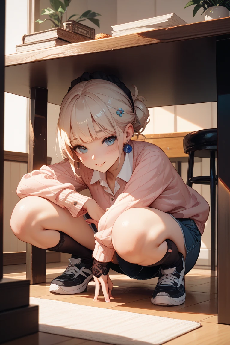 A Female mature robot loves herself. she wears nothing. Her Brown very short pigtails is tied with two big red clothespins, mature, android, blue eyes, full body, Height: 160cm, flushed cheeks, sweat bucket. full body shot, looking straight. Her smile is complete.show White pantie, Looking at the audience, 着ぐるみ