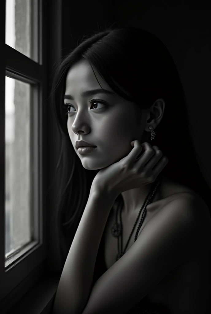 In the dark atelier、Woman struggling with her head。She has an anxious look on her face.、Sitting in front of a canvas。There are unfinished projects and scattered paints around.、It reflects her struggles and anguish.。