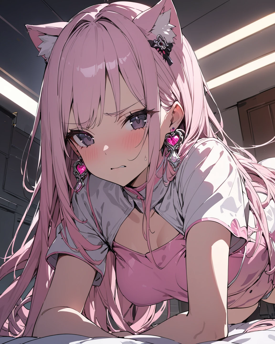 ,beautiful flower々),mole under eye, heart shaped choker, (masterpiece, highest quality), official art, beautiful and aesthetic: 1.2), (1 girl), very detailed, (geometry art: 1.3), colorful、pink bob hair、Cat ear、 whole body