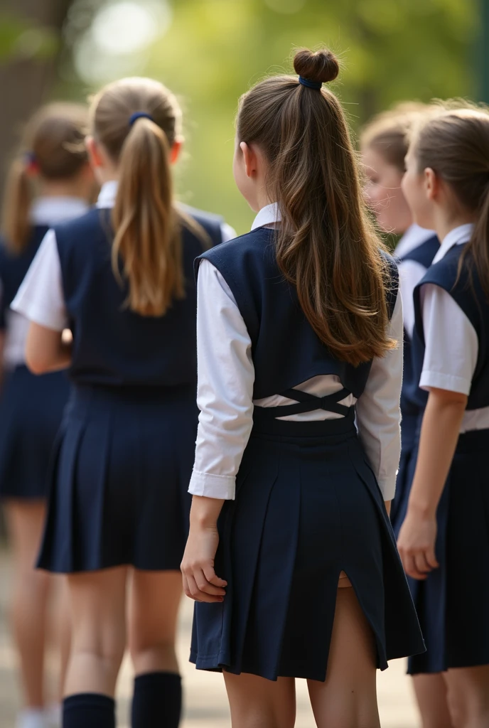 girls lined up in a line,squatting,school uniform,front view