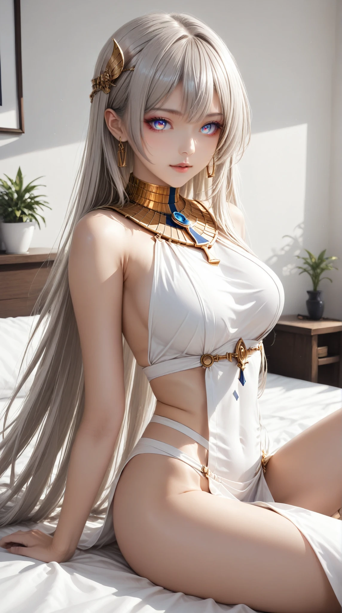 Ultra HD,pele texturizada, detalhes altos, Anatomicamente Correto,Sozinho,(1 female,olhos vermelhos,cabelo longo branco,corpo perfeito),(wearing a loose cheongsam bikini)(meias de seda:1.4),(abrindo as pernas:1.7),(deitado na cama:1.7)(O quarto),(hands behind head:1.7)