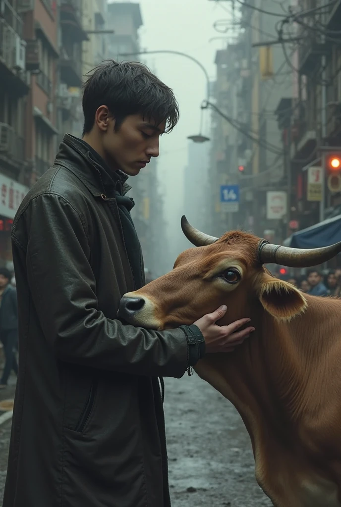 Real shot, a man and a herd of pigs, people thinking, Asian male, older researcher, white coat