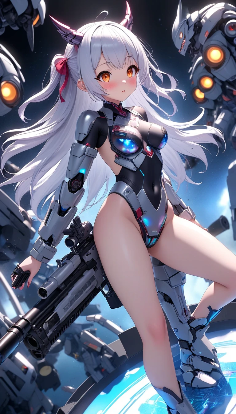 (highest quality)), ((masterpiece)), (very detailed: 1.3), 3D, (wear dark blue Old School Swimsuit under armor:1.3), 1 girl, (She is fused with futuristic BJ_Gundam mecha:1.2), with headgear, add v-fin to the forehead, armored shoulders,armored under arms, armored under legs, 2 marine thrusters attached on back, marine thrusters are symmetrical, under the calm waters of Iceland:1.2, under water, multilayer textureperfect proportions, octane rendering, duotone lighting, Low ISO, wide aperture, White balance, Rule of thirds, ultra HD16k, HDR (High Dynamic Range), Ray Tracing, NVIDIA RTX, Super Resolution, Subsurface Scattering, PBR Texturing, Post Processing, Anisotropic Filtering, Depth of Field, Maximum Clarity and Clarity, High efficiency subpixel, subpixel convolution, particles of light, light scattered, Tyndall effect, full body:1.5, battle pose, cute, (cute:1.2), (セミロング:1.3),三つ編み, 黒髪, 太い眉毛, 薄い色の虹彩, 大きくて輝いている黒い瞳, 長いまつげ, 小さく薄い色の自然な唇, (Average face of Japanese idols), (日本人特有の童顔:1.3), (baby face), 広いおでこ:1.2, ふっくらした頬, 小さな顎, looking at viewer,Focus on the eyes, (完璧な4本の指, 親指1本),