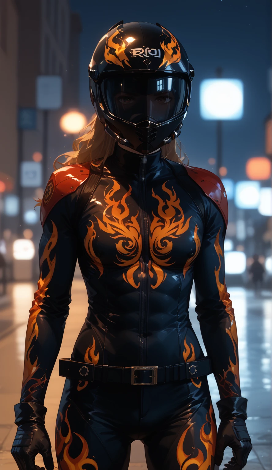 Une femme dans une tenue rouge et noire avec un design jaune et rouge, Combinaison de flamme cyberpunk, Thoughtful outfit in black fire color, Wear a red and yellow hero costume, tenue en cuir moulante rouge, cyber fire suit, tenuemoulante en cuir rouge, Wearing witch blade armor, corps avec lave noire et rouge, black and reddish dress, ( ( Spiderwoman ) )