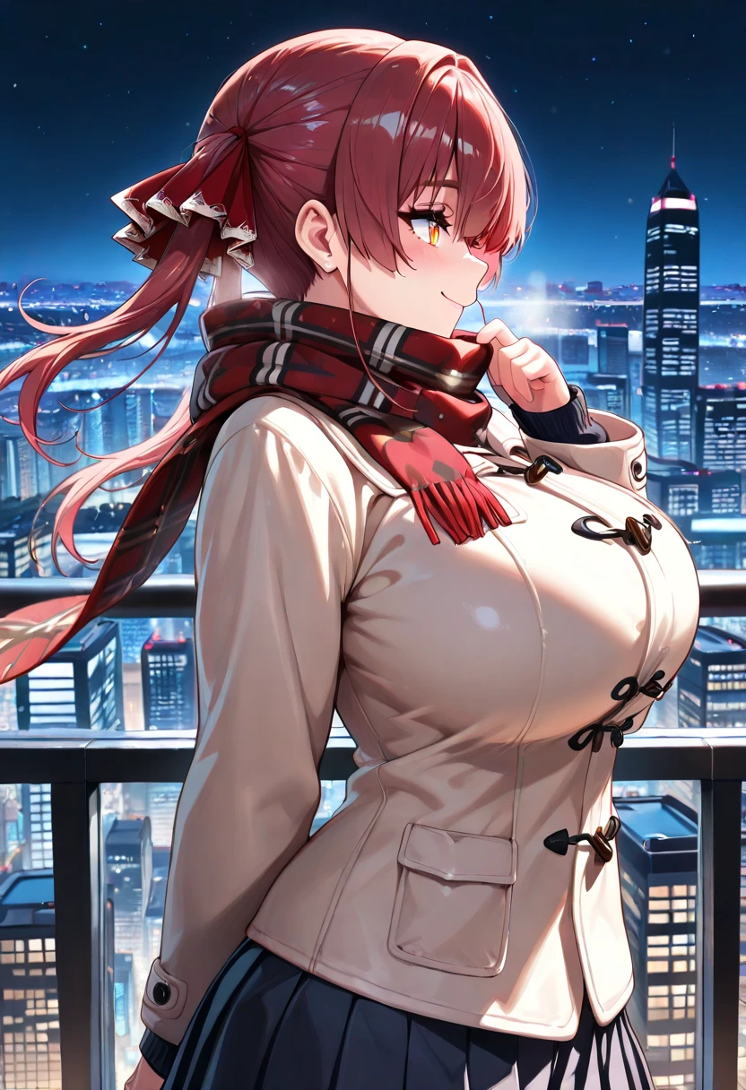 (Best quality, Ultra detailed, Golden ratio, Masterpiece:1.2), Theatrical lighting:0.7(ray tracing), 1 girl, Akihiko Sanada from Persona 3, turned into a woman, posing, athletic body, small thighs, Big breasts,perky breasts, heart-shaped ass, tight pussy(shiny skin)(detailed skin) (perfect hands), posing, mature, sexual, attractive, lewd, orgasmic, blushing, very feminine, wearing a School uniform, thigh highs(perfect eyes), on a rooftop at night