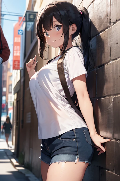 (((masterpiece, Highest quality:1.5,absurdres))),25 year old beauty,solo,((very small head:1.3)),long hair,bangs,(dark blue hair),dark blue eyes,gorgeous eyes,shy,tears,tongue、drooling,medium breasts,((very long body:1.3)),((toned body,slender body)),skinny,((tan skin:1.5)),gleaming skin,shiny skin,sweat,(incontinence,Urine dripping down thighs),(White tank top、Yellow pleated mini skirt),barefoot、arms up,standing,spread legs,on street,Back Alley、New York City、