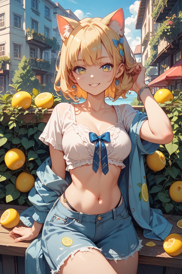 gonzarez, masterpiece, Serenaj, 1girl, solo, shorts, suspenders, side ponytail, blond hair, midriff, yellow crop top, navel, short hair, denim, denim shorts,, smile, cowboy shot, outdoors, Under Boob, small breasts, Externally expanded Chest, blue eyes