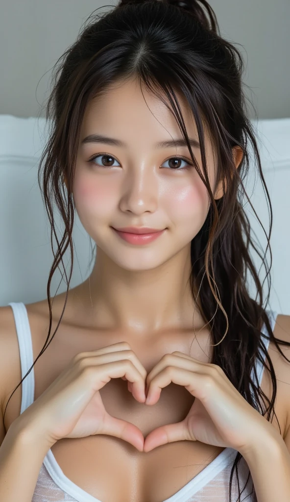 highest quality, masterpiece, ultra high resolution, (realistic:1.5), (close portrait) RAW photo, 1 girl, 22 years ago,super close up of face,face in the mirror,super close-up photo,((The face is also wet)),((just out of the bath)),((Comes with bath towel)),((wet hair)),facial moisturizing cream,OK, beautiful skin,transparent skin,(smile),((smile showing teeth))masterpiece, realistic pictures, japanese pictures, saturation, contrast, long hair bun hair,