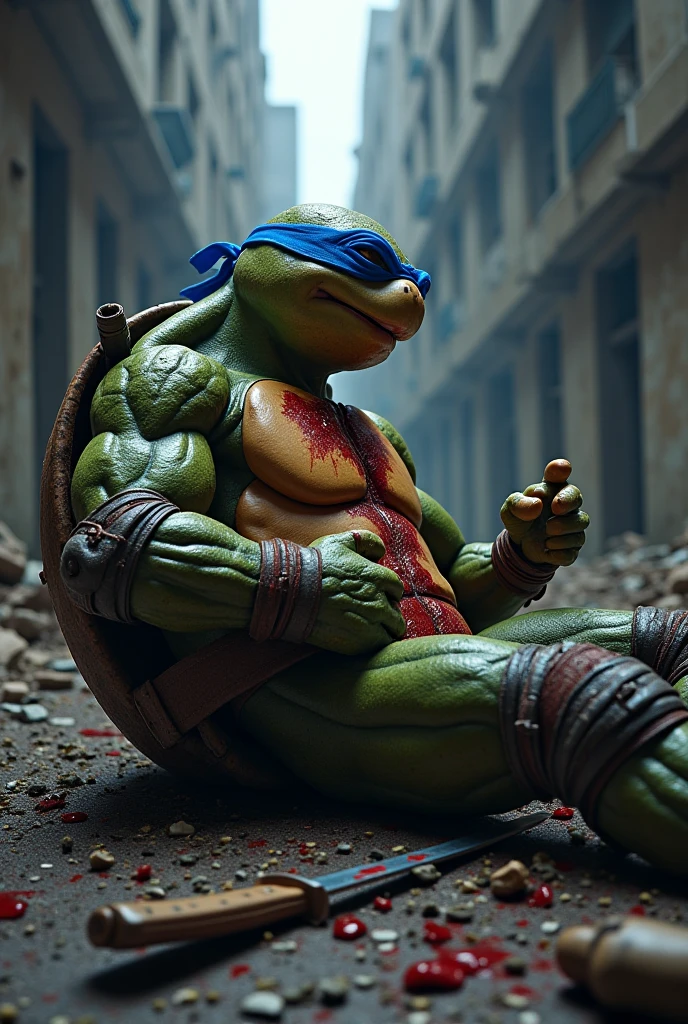 Masterpiece, ultra detailed, best quality, 4k, intrincated textures, !(Leonardo is a green mutant turtle, with a blue eye mask that covers part of his face. His distinctive weapons are two ninjatos, which are short straight-edged swords, which he usually carries in his shell. Leonardo has an athletic and muscular physique, and usually dresses with a blue headband, bandages on his hands and feet, and a belt with an L on the buckle. Leonardo has expressive blue eyes)