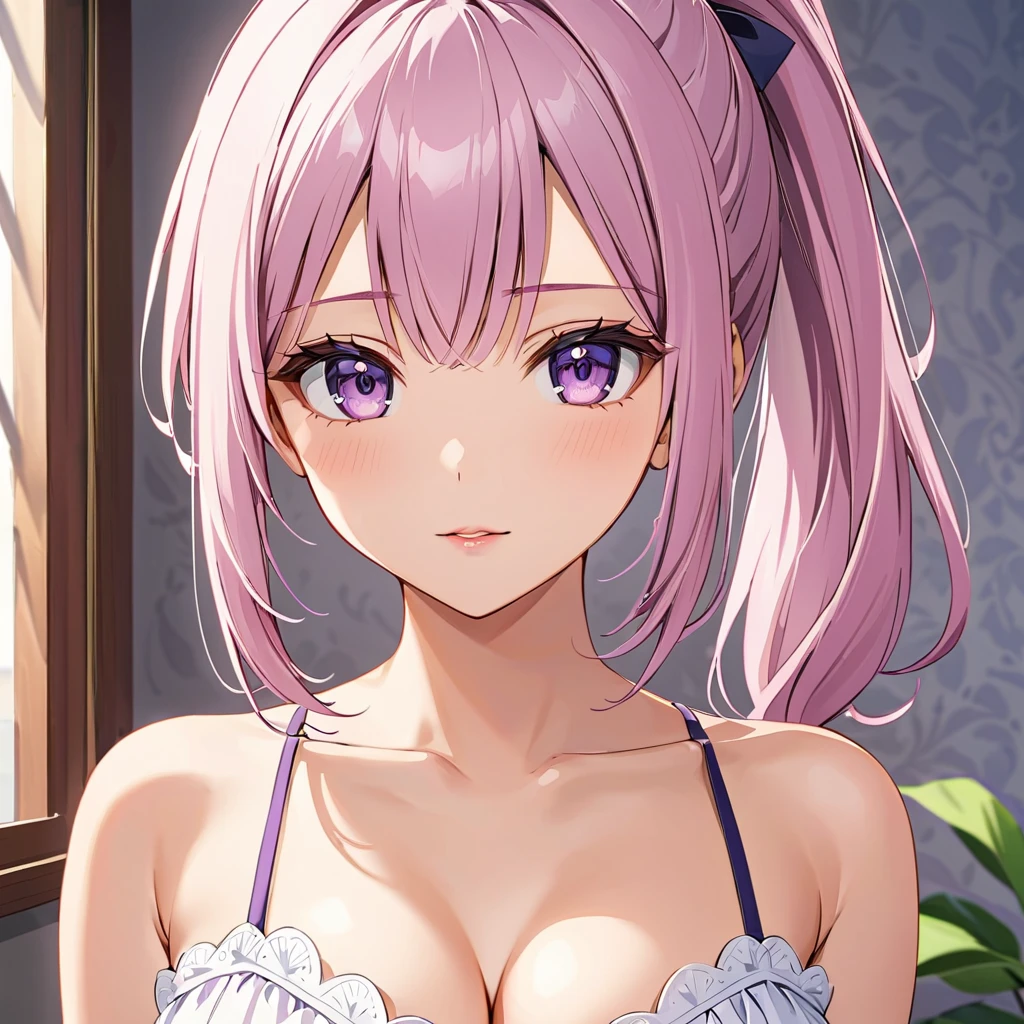 in 8K、top-quality、​masterpiece、ultra-detailliert、Ultra-high resolution、Anime style、on the beds、laying on back、Pink cheeks、pink lipsticks、A dark-haired、Braided hair、Light-colored yukata、bare shoulders​