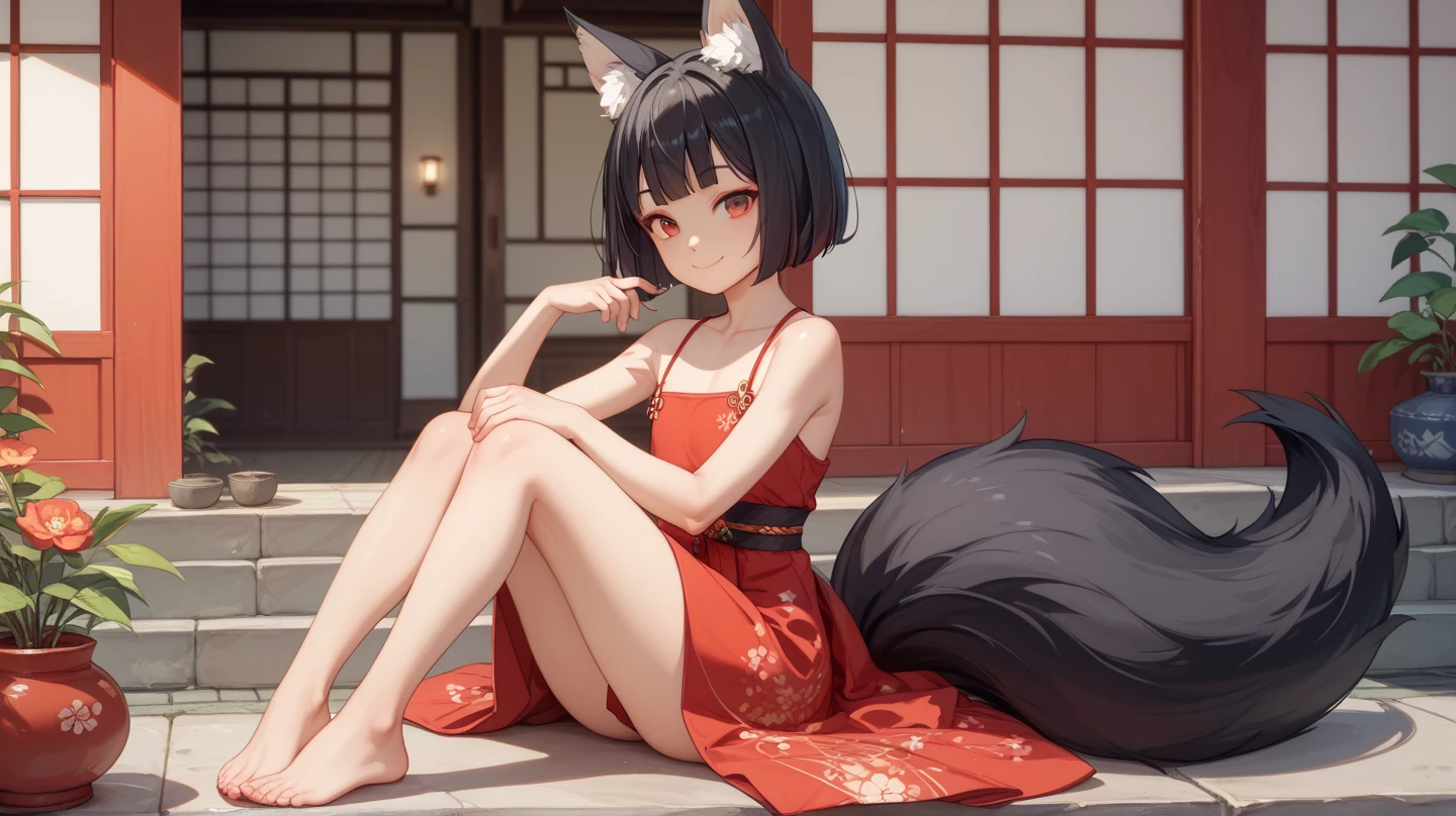 ((beautiful anime eyes with fine detail)), realistic skin, (intricate details), best lighting, depth field, ((ultra high resolution, high res)),{highres}, {{very fine 8KCG wallpapers}}, {{very precise detailed}},((((masterpiece)))), high quality, very_high_resolution, full color,Very delicate and beautiful girl with precision ((vivid and beautiful, shocking sensation, incredibly detailed, realistic)), dark hair, long hair, fox ears, red eyes, naughty smile, medium breasts, plump thighs, sophisticated red kimono, back, (((voluminous fox tail))), andon, ((( sit flat on the floor with one's legs bent backwards))), drawing from behind, old Japanese architecture, drawing outside from inside, Japanese garden, night,