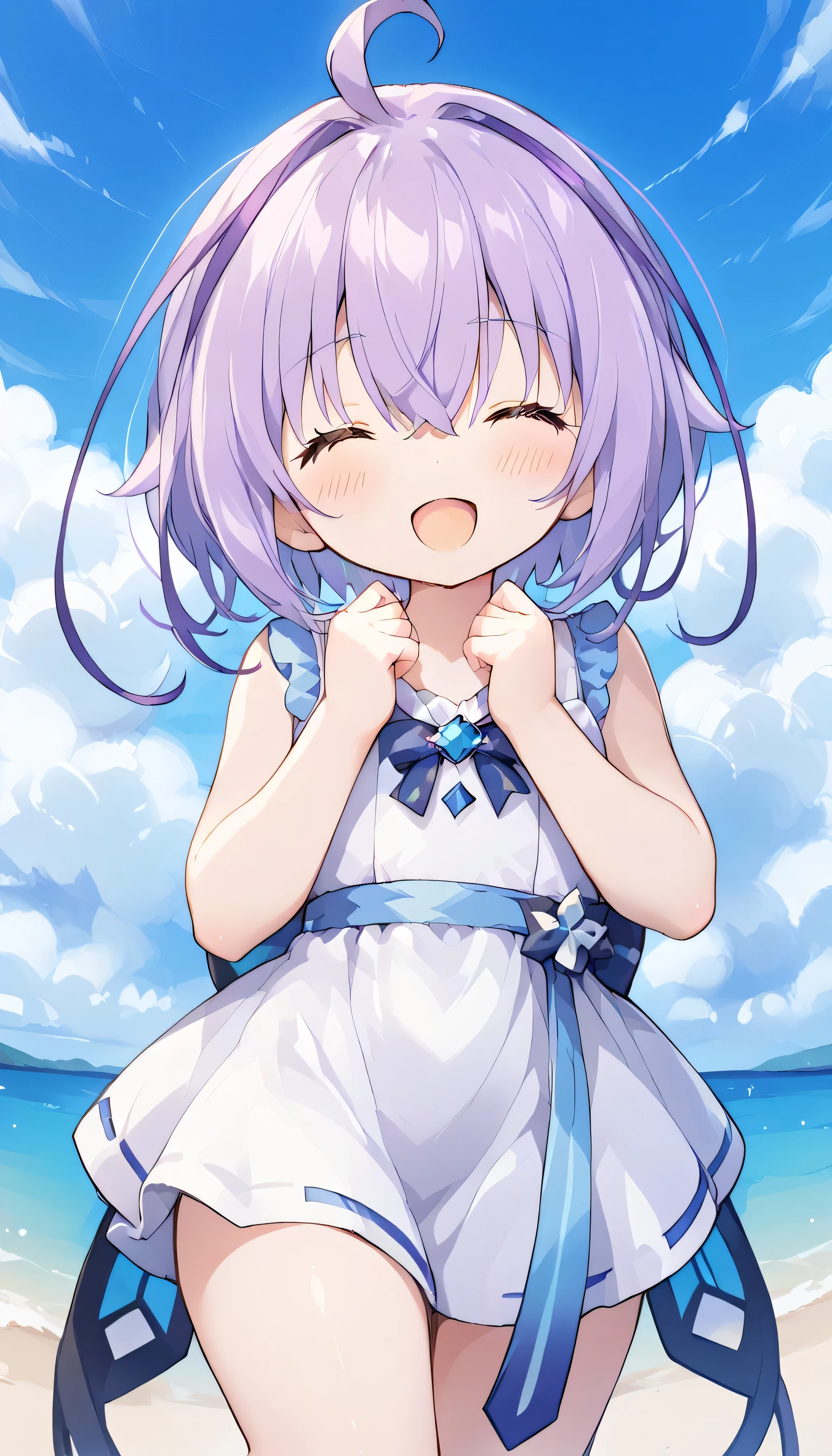 Purple hair,side locks,ahoge,multicolored hair,short hair, closed eyes, solo, I can see my eyebrows from the inside of my hair, hair between eyes, is embarrassing, masterpiece, Best Quality, very aesthetic, thick thighs, Wide pelvis, estrus, blush, 海 浜辺 blue sky happy smile white dress, Sleeveless, bare shoulders, beach 立っている open mouth