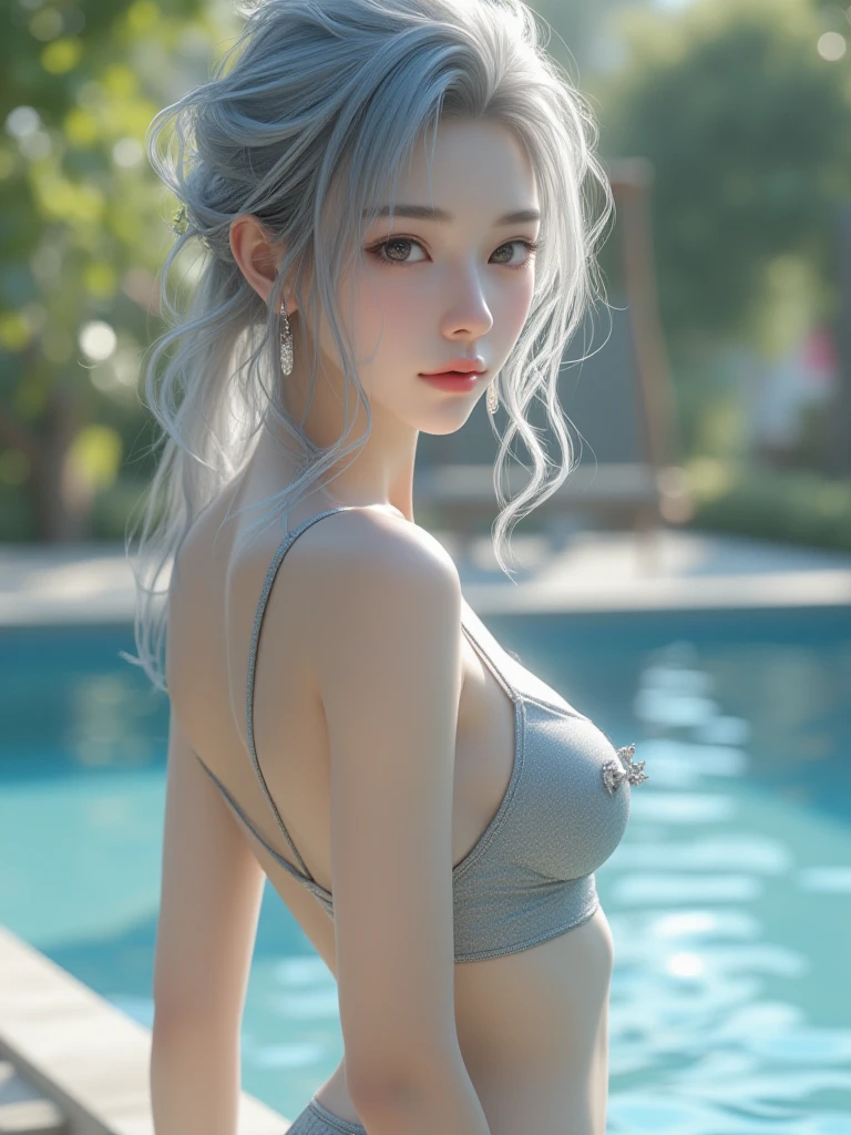 ((highest quality)), ((masterpiece)), (detailed:1.4),Realistic、 beautiful woman images,High resolution(High Dynamic Range),Ray Tracing,NVIDIA,Super Resolution,Scattered under the surface,PBR Textures,Post-processing,Anisotropic Filtering,Maximum depth of field resolution and crisp layered textures,Albedo and Specular Maps,surface shading,Accurate simulation of material interactions,Perfect balance,Rendering with Octane,2-color light,Large Diameter,Low ISO,White balance,Rule 3 points、8K raw data、Beautiful white and shining skin、White hair that changes with the light、Long bangs obstruct the view、Highlights of cheek luster、Sexy and very beautiful and lovely face、The most beautiful face in the world、Super long and gorgeous white hair、Smooth straight hair、White hair blowing in the wind、big, Sparkling light blue eyes、Beautiful Bangs、Beautiful cute girl 25 years old、Big tits cleavage、beautiful sexy dress、Realistic