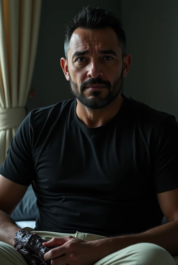 Oliver (30 years), dressed casually in a black shirt and blue jean pants, He remains seated in a chair facing the main camera, His face looks serious because of what he is about to tell.. Oliver, Voz ON: I am Oliver Benjamín Velásquez Romero, I am 30 years old and in my family I experienced unusual cases of domestic violence.