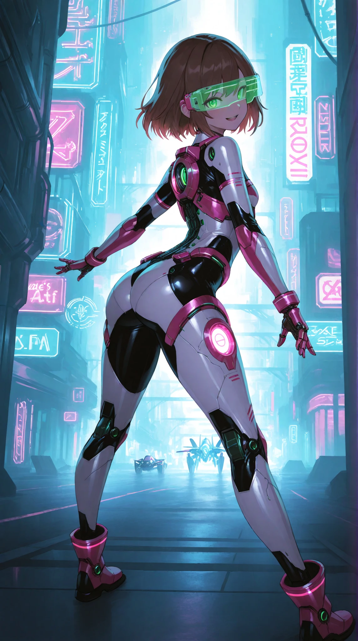 "A stunning female cyborg with intricate metallic details, glowing neon lights, and a futuristic atmosphere."