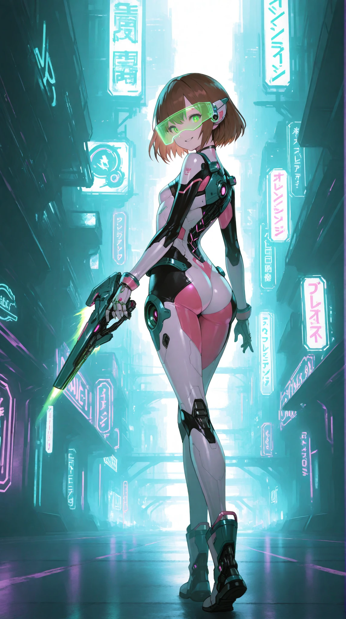 Ass, , bubble butt, bouncy ass, (back ass view:1.4),(Intense Colors:1.5),Close up, Game cover art, 4K, incredible art, Best quality, gigantic breast,masterpiece, (Milf:1.2),(curvy:1.3),(erected tits:1.4), (juicy cameltoe:1.3),30yo,large boobs, (masterpiece), (realistic), (best quality), (ultra-detailed), amazing,A female cyborg detective in a dystopian future, dressed in a leather trench coat, with a cybernetic eye and a gun in her holster, surrounded by a neon-lit cityscape in the background.