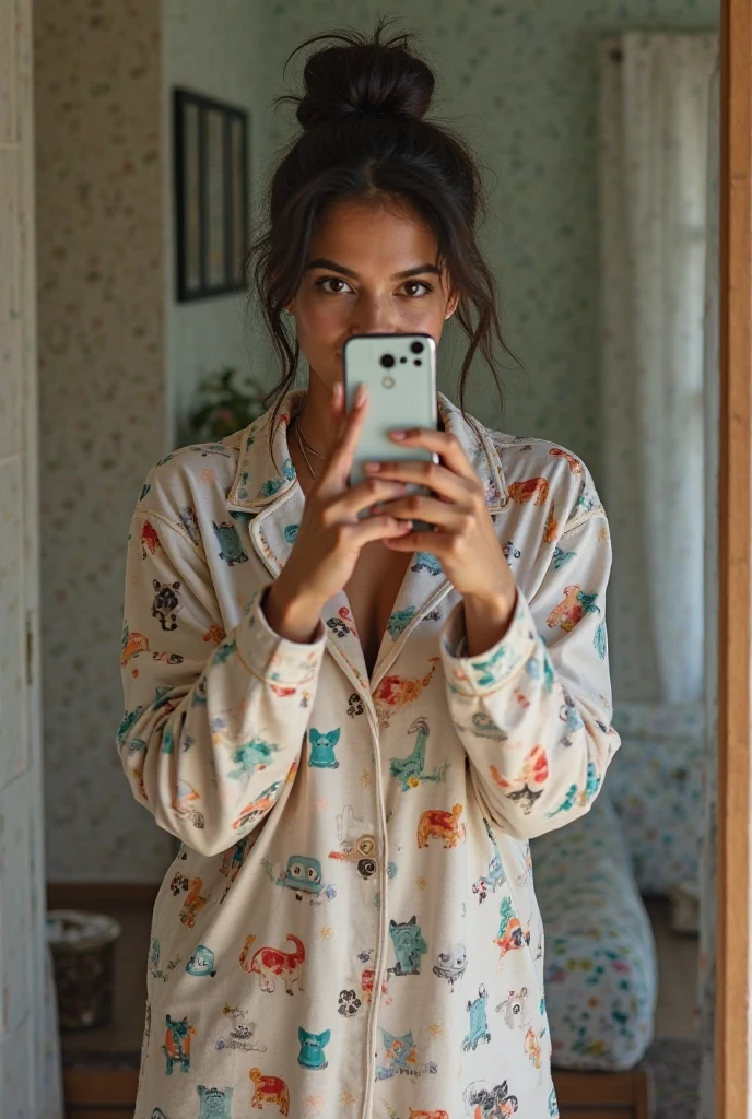 21 year old, adorable brunette instagram influencer, in a navy blue vintage Starwars t-shirt, in dark blue satin panties, getting out of bed in the morning, POV Selfie