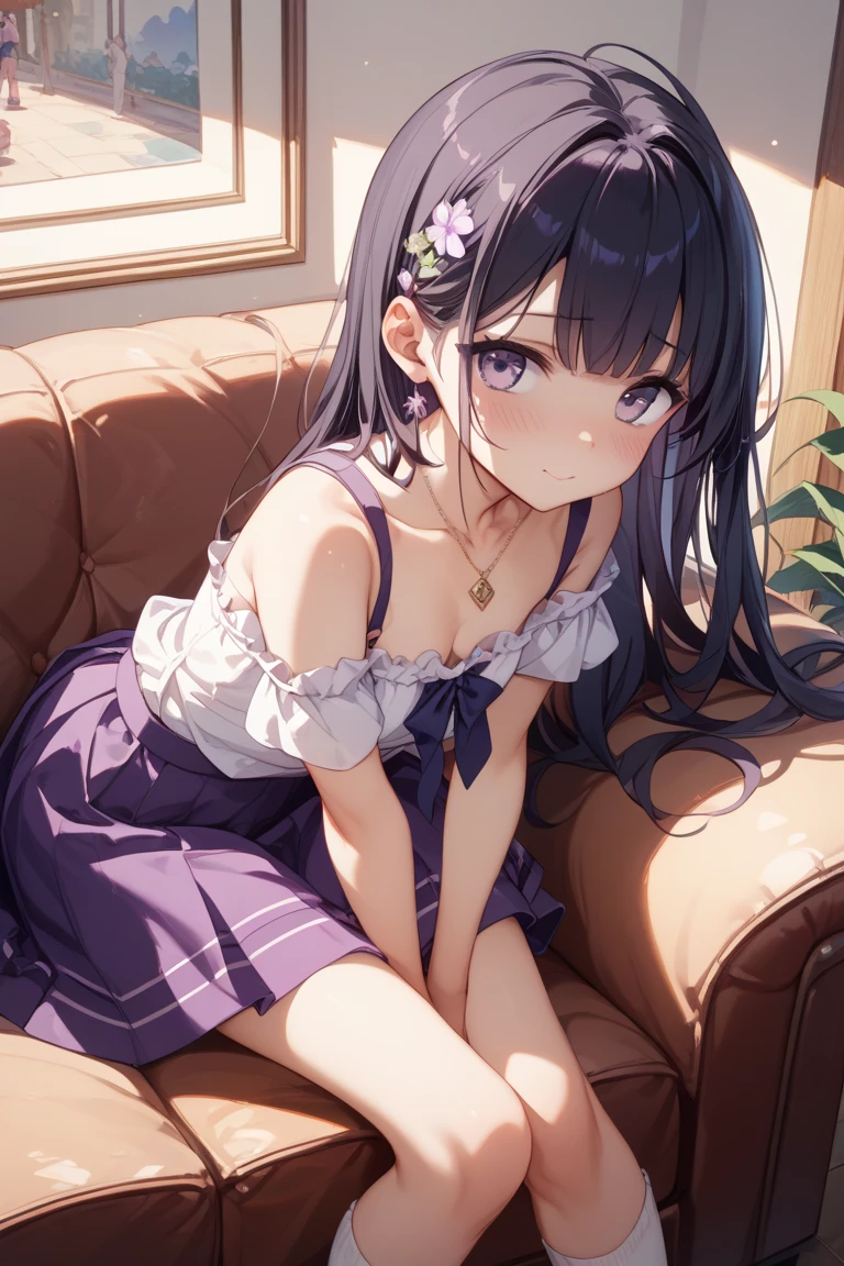 Elementary school girl, , flat chest, black hair, long hair, purple eyes, embarrassed expression(one person) Plain white camisole White panties on lower body((I can see her panties))barefoot Six-tatami room in a Japanese house Are standing Dynamic angle Low angle