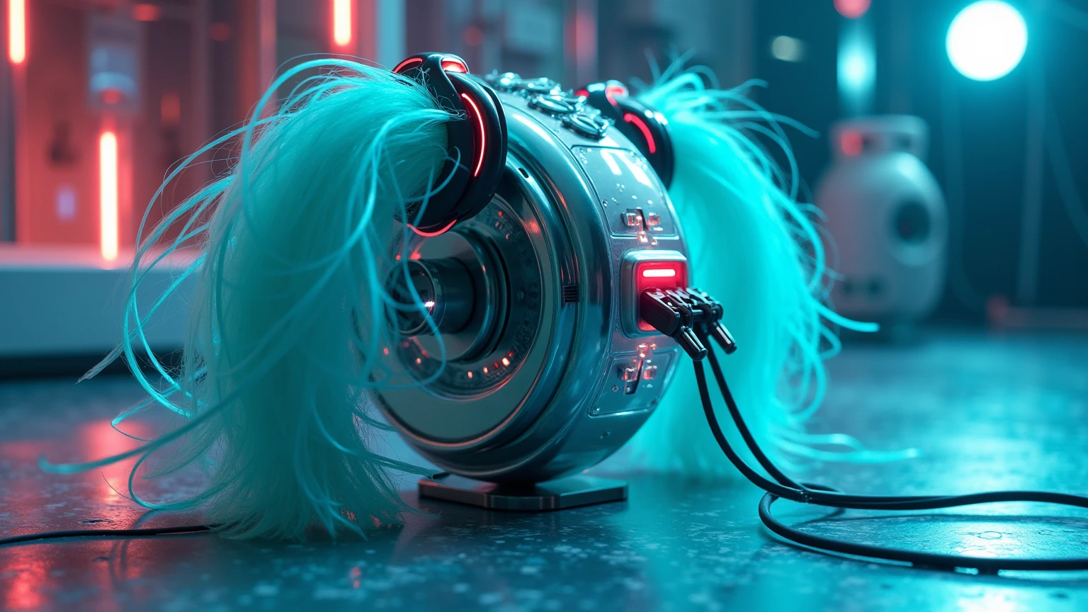 An item that combines Hatsune Miku's hairstyle with Cord Reel。Half luminescence、Transparent、Shining Reflected Light、 future。a wonderful machine。

『Secure it with a tangled singing voice』cord reel
Miku's twin tails、wrap and hold your messy USB cable or earphone cord、as if it were capturing {x}。wrap the cable around one tail and clip with a hairpin motif on the tip of、other tail（The clip with a barrette motif at the tip of）Secure it with a clip with a barrette motif on the tip of。cable holder、organize wiring in the physical world。Isn't that ironic？

The composition is from the side 。Light is 、natural light,、Sharply illuminates the contours of the characters and the texture of the dress、Dramatic Lighting。The shadows are deep、, but。 