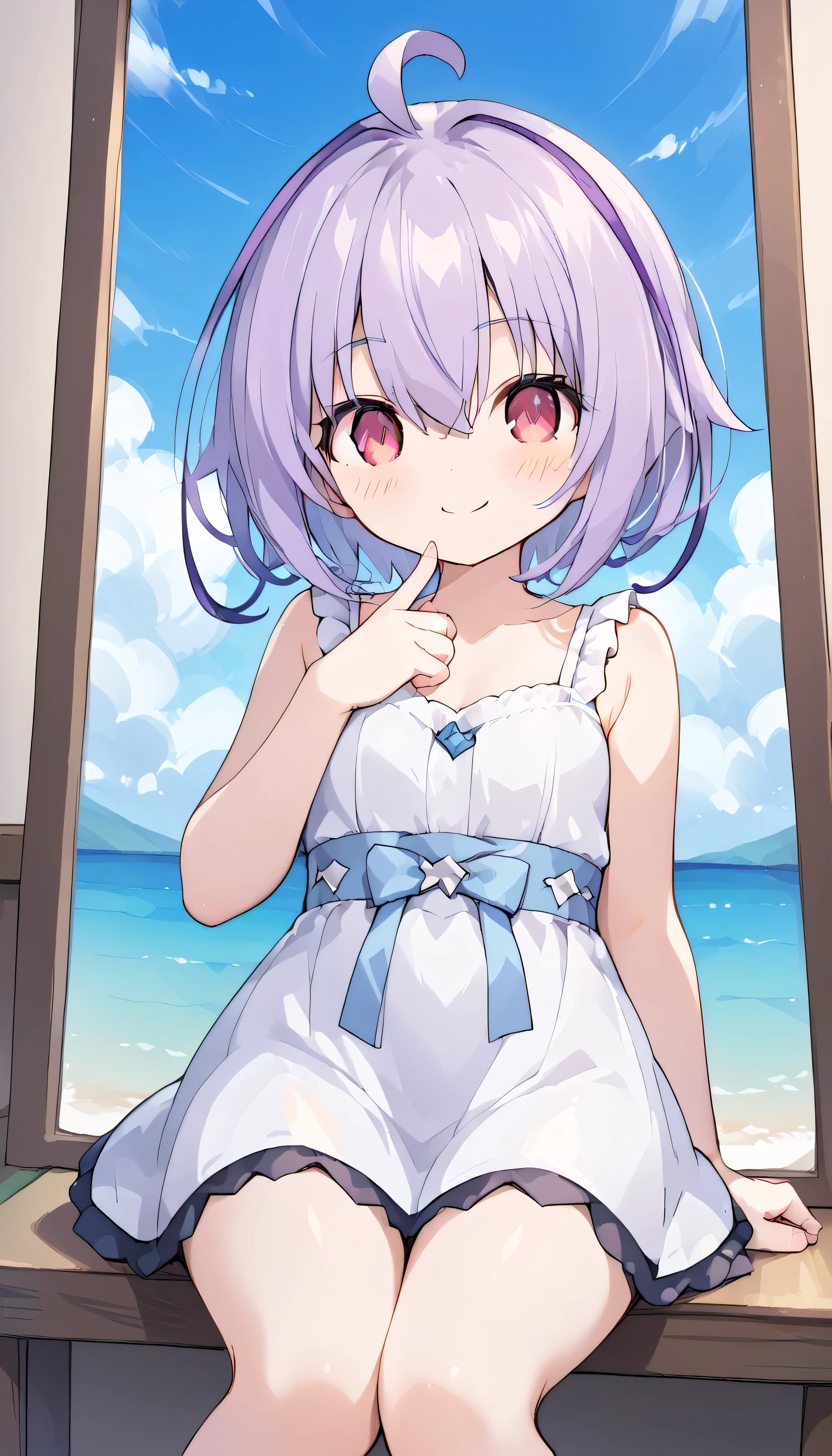 Purple hair,side locks,ahoge,multicolored hair,short hair, red eyes, solo, I can see my eyebrows from the inside of my hair, hair between eyes, is embarrassing, masterpiece, Best Quality, very aesthetic, thick thighs, Wide pelvis, estrus, blush, 海 浜辺 blue sky happy smile white dress, Sleeveless, bare shoulders, 立っている beach