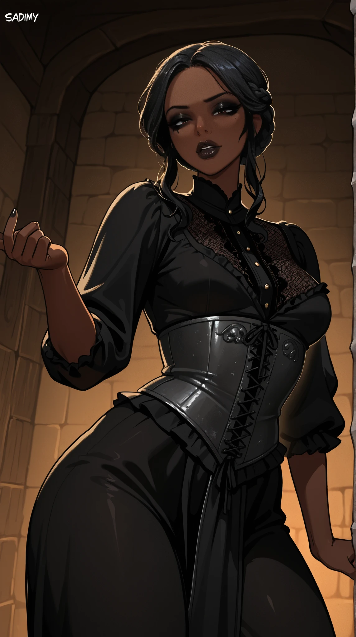 (Masterpiece) (High Detail) (High Res) Looking from below A tall black humanoid girl with dark skin and ebony flesh and green eyes and short black hair and goat ears and short dark goat horns and a toned body and average to small breasts and an erect horse penis Dressed in a leather smithing apron and a tool belt hammering on an anvil in a workshop