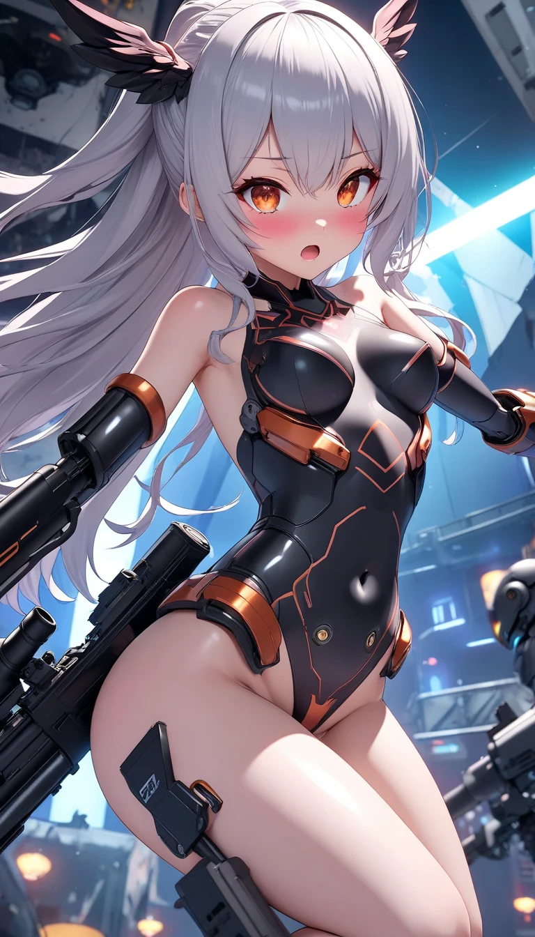 masterpiece, highest quality, Perfect Face, Highest Resolution, Highest quality,Detailed depiction of the eyes, foxy, 1 girl, young, skinny body, White Hair, Long Hair,one side braid grated, Cat ear, Big cat eyes, Yellow Eyes, cyber punk, Have fun, smile, Embarrassing, navy blue mechanical arm guard, navy blue mechanical leg guard, Expose your shoulders, Exposing your thighs, cat tail, Black ribbon choker, small breasts, Perfect Anatomy, high angle
