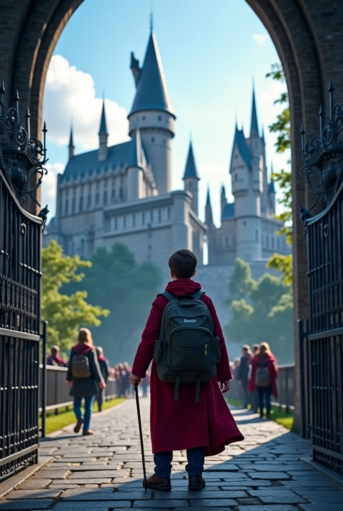 Create a sticker with white borders of a scene from the movie Harry Potter where 2 characters, young boy and older girl, both in Gryffindor uniforms, in the background the Hogwarts castle in high resolution with blurred background, movie image and hyper-realism.