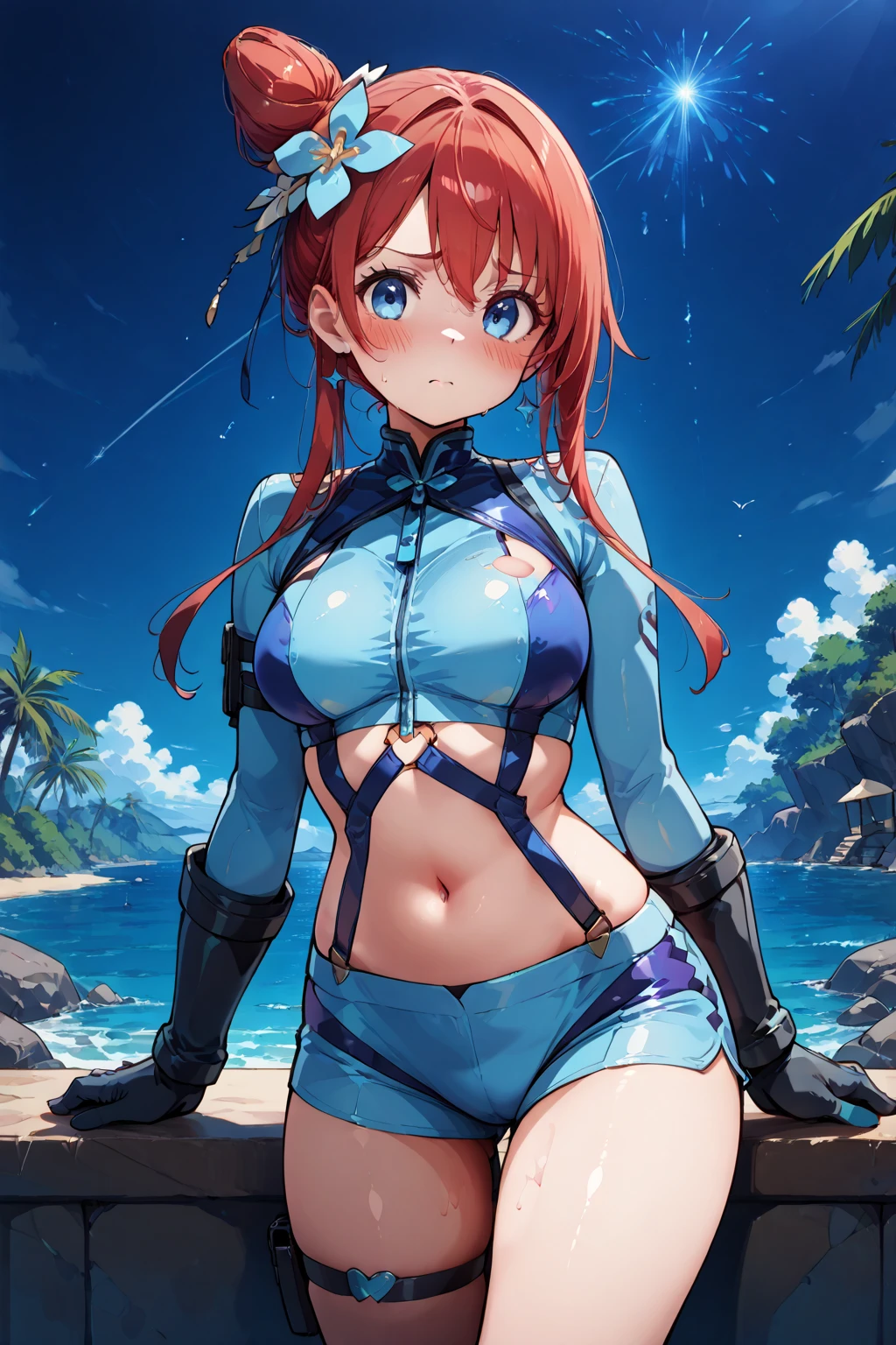 Pava,blond hair blue eyes,Long gray hair,eBlue eyes,It's a perfect face,Orange eyes,There are red horns on the head,【Two red horns】,There are two red horns on the head,Blue swimsuit,Bareleged,seaside backgroud,kneels on the ground,Hold hair with both hands,perfect body figure,Great,looking at the camera in,【one piece swimsuit】,Long blonde hair,tmasterpiece,k hd,Clean body,The chest not big,ssmile