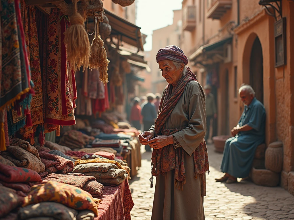 An old woman sitting on the way to the mosque is placing many alpins on the road. The scene will be an Arabian atmosphere.
There will be palm trees and small stones along the road.
Desert all around, a mosque can be seen in the distance.