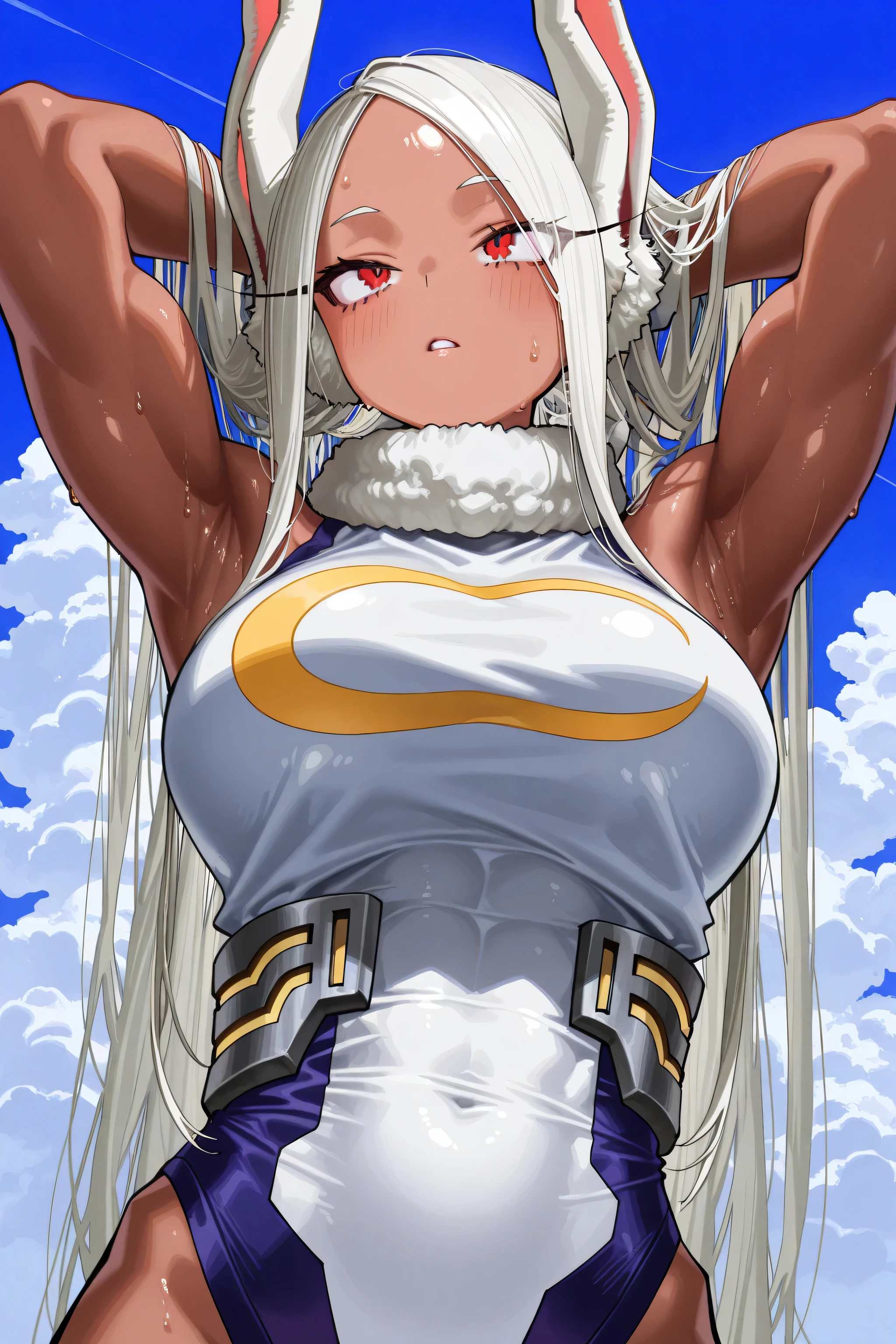 kmj-anonstyle, [artist:yoneyama mai], [artist:kanzarin], [artist: ekrea_jan], masterpiece,best quality,amazing quality, 748cmstyle, solo, eye focus, boku no hero academia, mirko, 1girl, animal ears, armpits, arms behind head, arms up, bare shoulders, blue sky, breasts, cloud, cloudy sky, covered navel, crescent print, dark-skinned female, dark skin, fur collar, large breasts, leotard, long eyelashes, long hair, looking ahead, parted bangs, parted lips, rabbit ears, rabbit girl, red eyes, sky, sleeveless turtleneck leotard, solo, sweat, taut leotard, toned, toned female, upper body, very long hair, white hair, white leotard