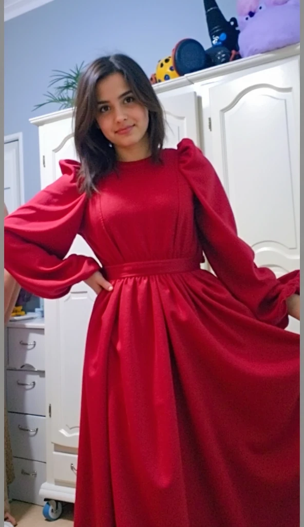 arafed woman in a red dress standing in a closet, wearing a red dress, wearing red dress, girl wears a red dress, red dress, full covered dress, red short dress, flattering photo, wearing a red sundress, in a red dress, wearing a dress, she arrived in a red dress, wearing a red outfit, full length shot