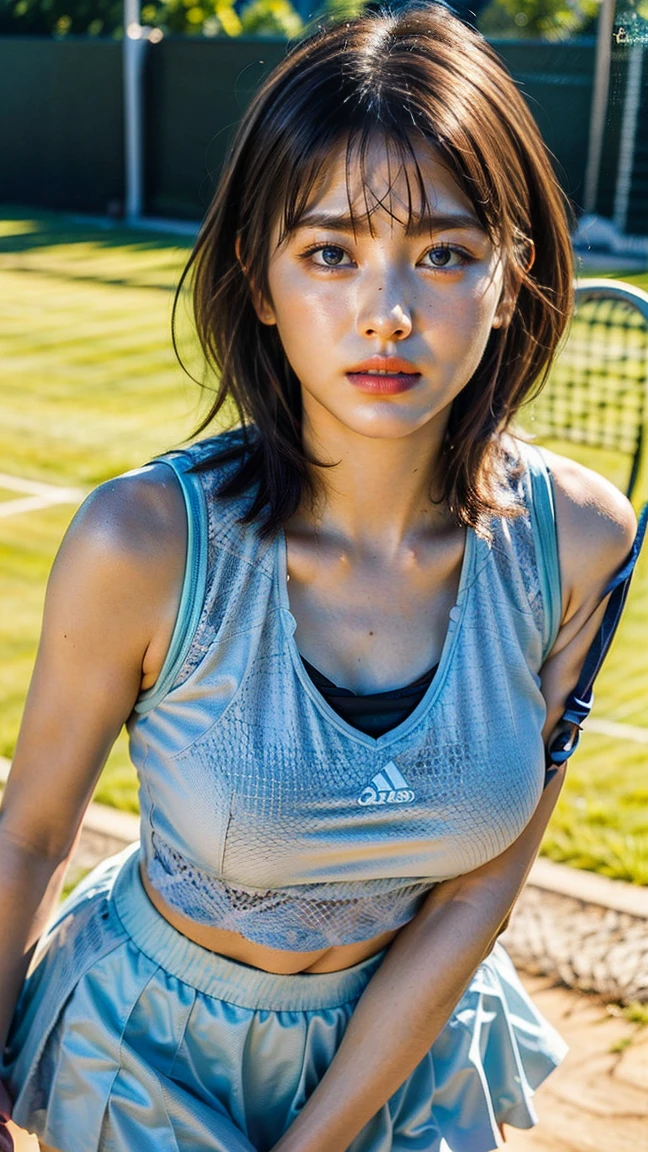 Woman smashing on the tennis court、(Realistic、Like a photograph、Live Action、, Realistic, RAW Photos, Best image quality: 1.4), Single-lens reflex camera、RAW Photos, Highest quality, Realistic, Very detailed CG Unity 8k wallpaper, Written boundary depth, Cinematic Light, Lens flare, Ray Tracing, Realistic background、Many people:1.4、(Tennis Player:1.4、Tennis uniform:1.3、Toned body)、((Ultra-dense skin))、 woman,Cute Japanese Tennis Player、((Smash stance、((whole body:1.5))、During the game:1.1、Serious expression on the court))、Pink inner color hair、short hair:1.2、tie your hair with a hair clip、I like that style、stylish、Very detailed、Pay attention to the details、Perfect outfit、(Sunburned skin)、Beautiful legs:1.1、View from below