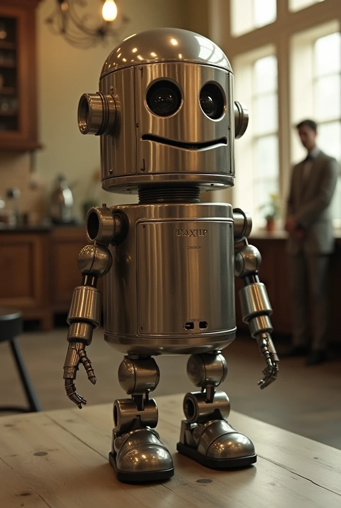 Cylindrical waiter robot with Anya Forger's creepy smiling face