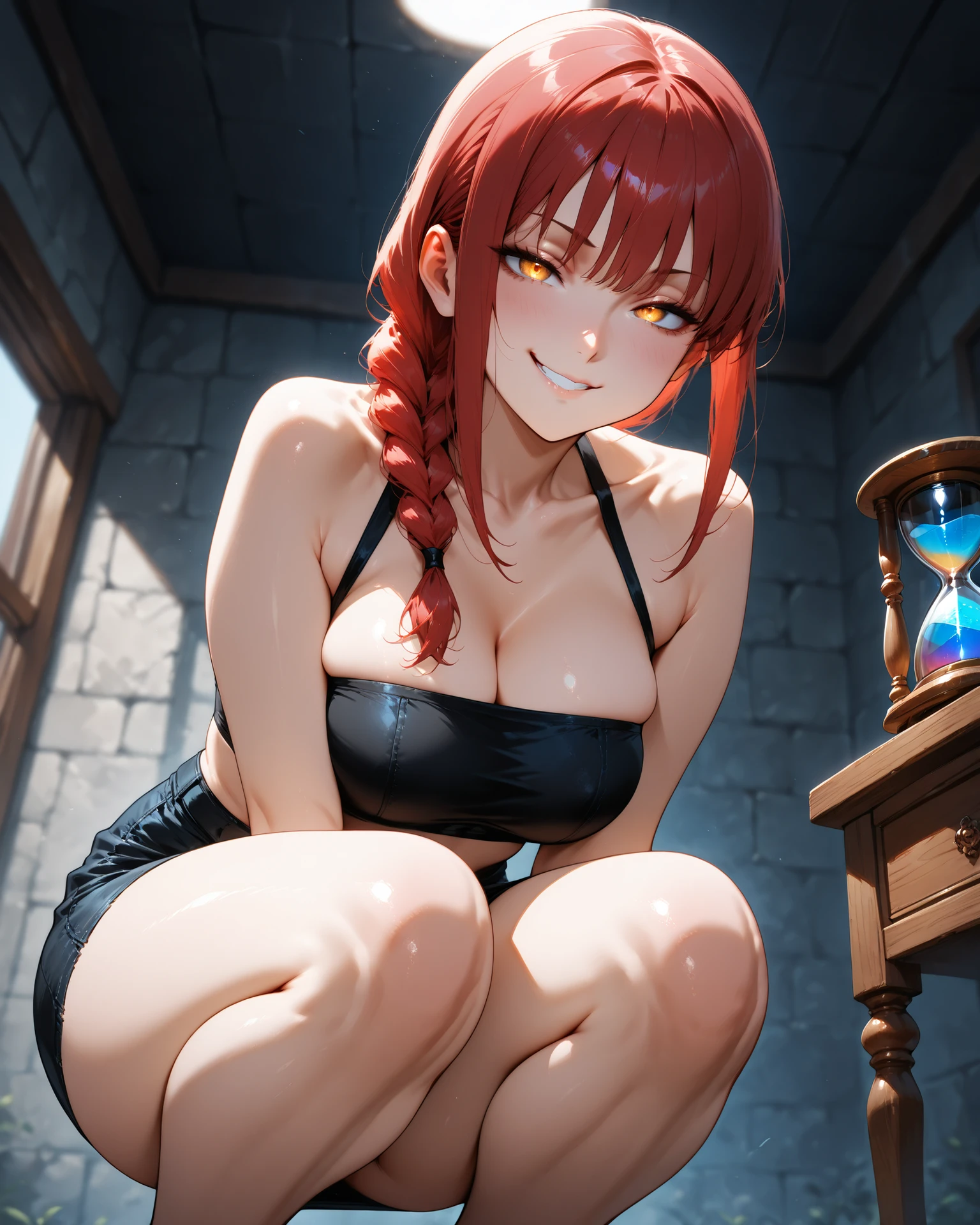 Parametresmasterpiece, best quality, amazing quality, solo, 1 girl, Makima from chaisaw man, very blushed face, smirking, seductive grin, pout, wearing a black tube top, black denim skirt, squatting, looking at the viewer, low angle, sexy figure, hourglass figure, medium size , clevage, nailpolish nails