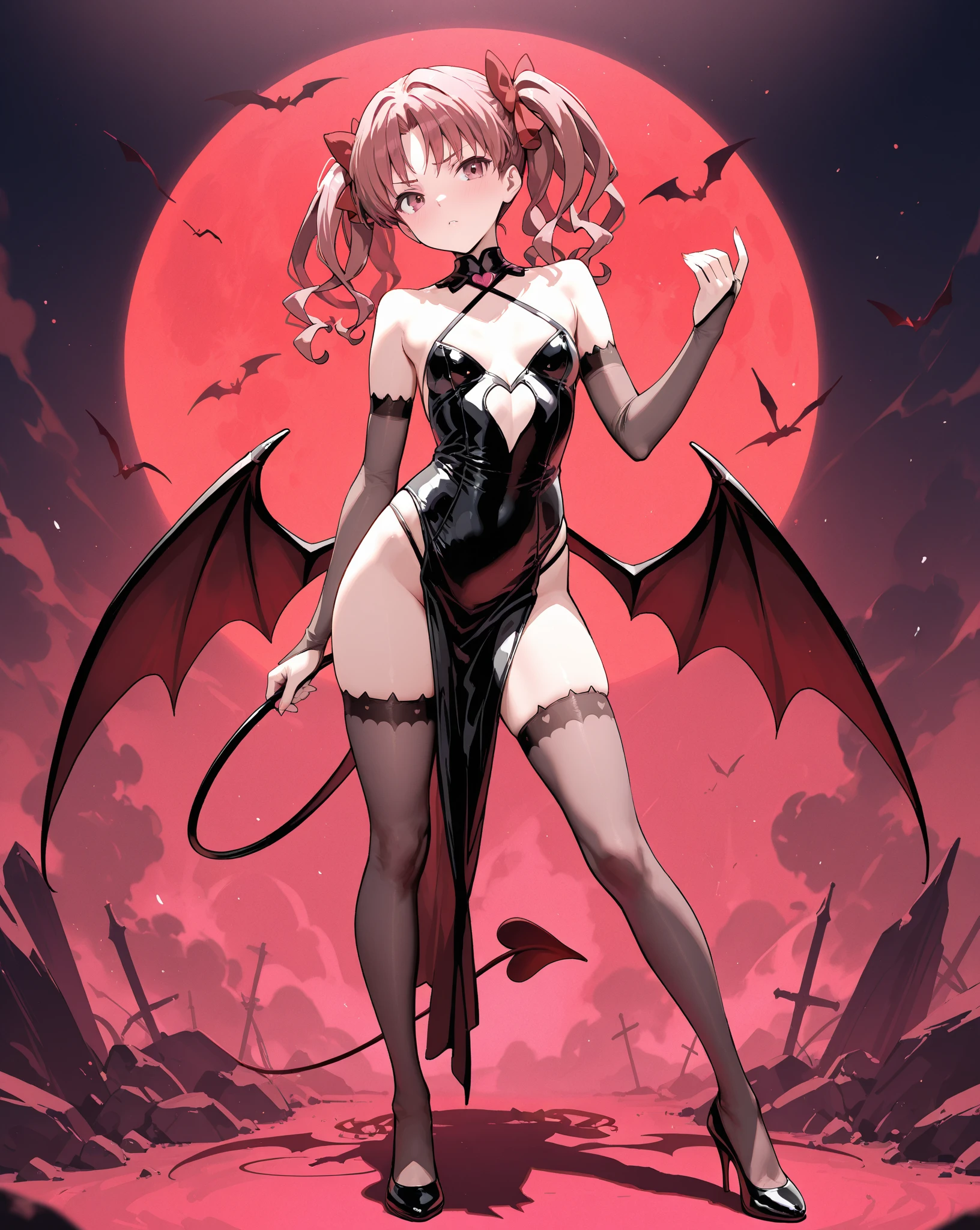 masterpiece, best quality, 1 Girl, Solitary, Yellow eyes, Red hair, Small Breasts, Devil Girl, Devil's Tail, Devil Wings, Little devil horns, Pointed ears, (Small Breasts), (flat chest), Double tail, Bat hair accessories, cape, White shirt, White Leg Clothing, Plush Toys, Stuffed Animals, Berets, Gloves, Bangs, have