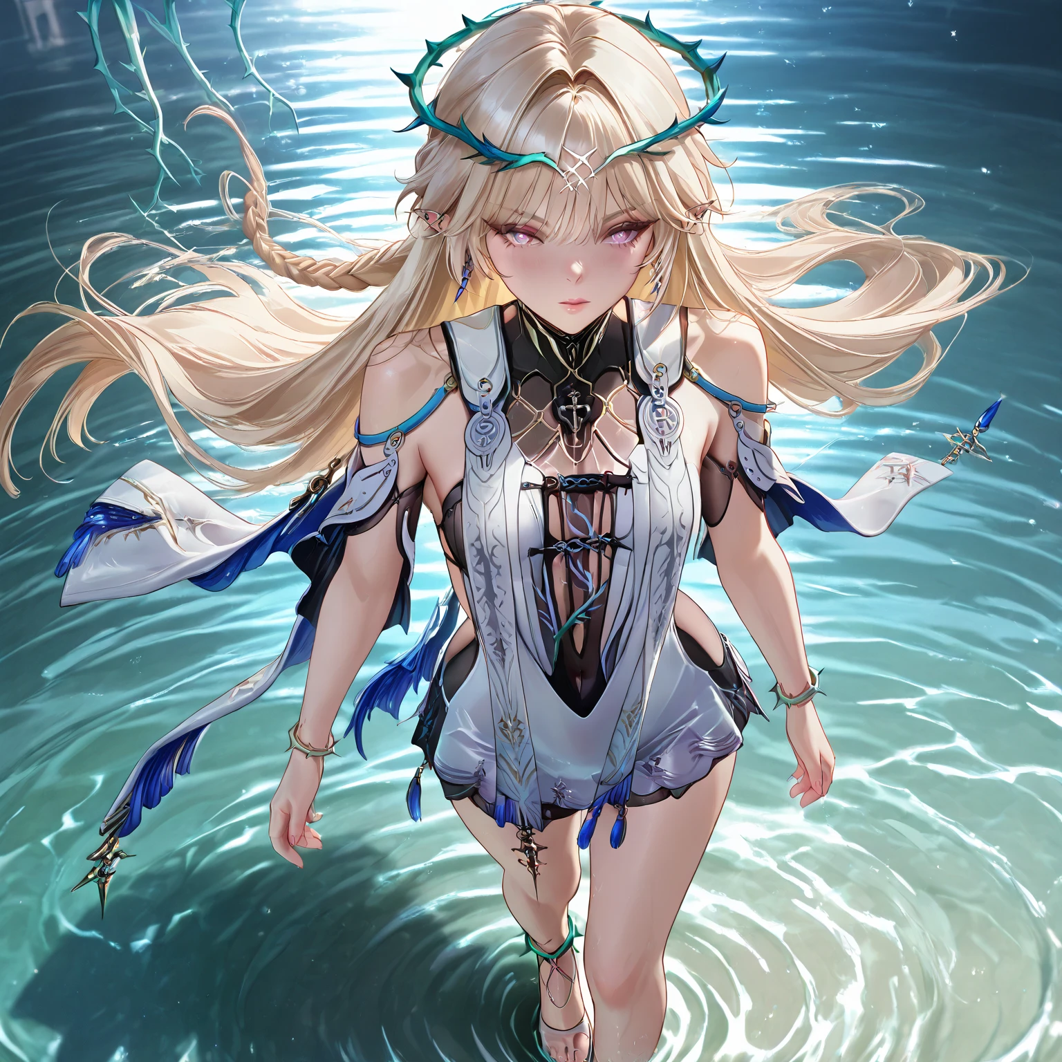 (8K, Original photography, Top image quality, masterpiece: 1.28), hyper HD, (Realistic, 真实感: 1.38), realisticlying, A high resolution, softlighting. Tiny Girls, girl jumping into the water、Falling、splash water、shout、Luminous water surface、White and Vivid colors, (under the mesmerizing back lighting), glistening ivory skin, sparkling highlights, Detailed KAWAII face with cute lips, long eyelashes, Delicate clothes, Detailed open crotch, (Whole Body proportions and all limbs are anatomically accurate | correct hands) .