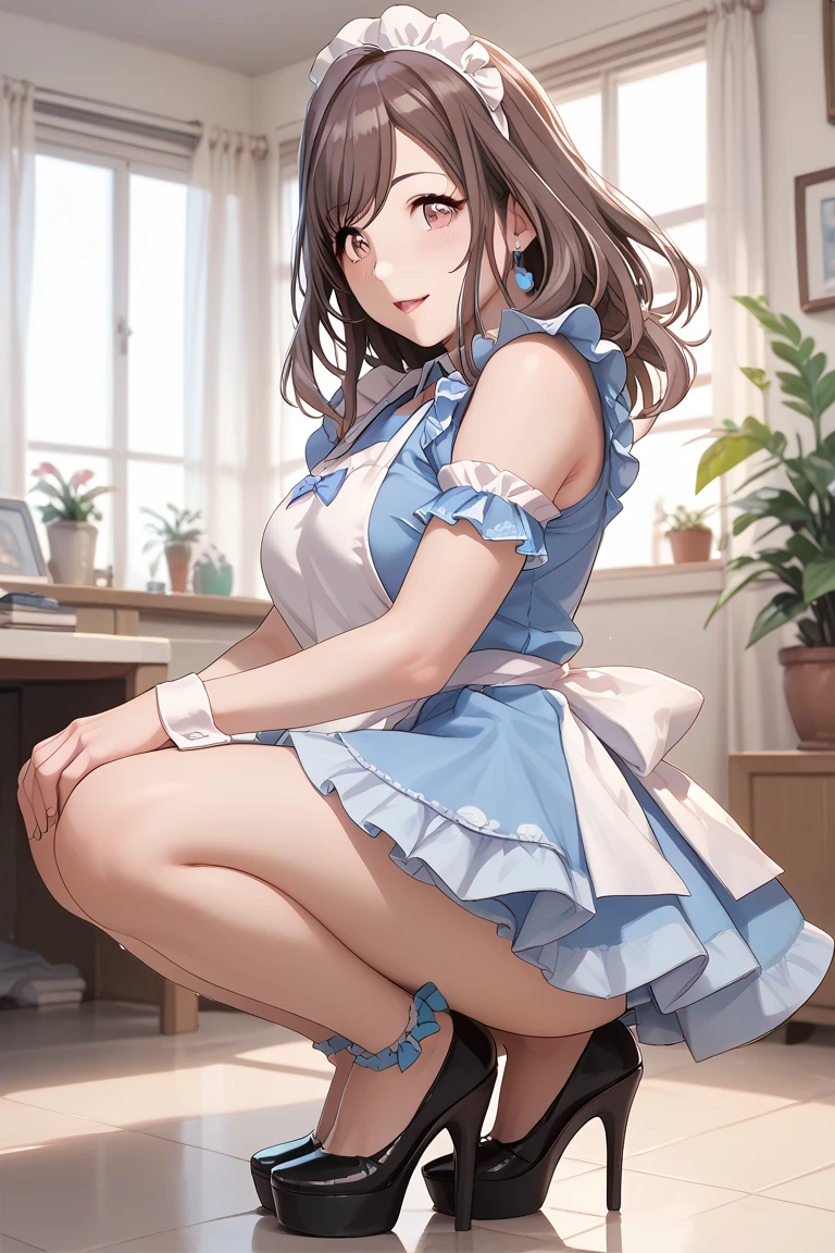 (masterpiece, Highest quality,Perfect lighting),Black Hair,blue eyes,cute,maid,mini skirt,Thighs,