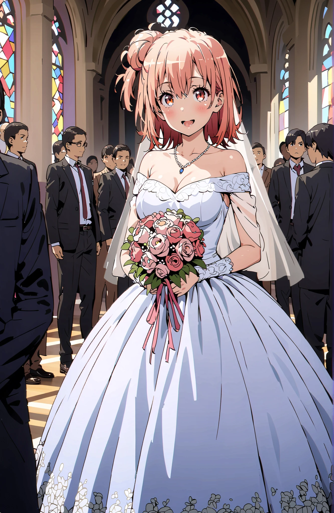 yuiyuigahama, Yuigahama Yui , solo,short hair, brown eyes in the oral vagina, pink hair, single hair bun,Big Breasts,smile,blush,open mouth off shoulder wedding dress, wedding long skirt ,bouquet,Veil,necklace for 1 person,STANDING,stained glass,crowd,full bodyがbreak looking at viewer,full body,
break indoors, Chapel,church,
break (masterpiece:1.2),Best Quality ,Kampala,unity 8k 壁紙,(shape:0.8),( fine and beautiful eyes :1.6),It's a person ,full body写真,CG Details , (perfect hand,Complete Anatomy),